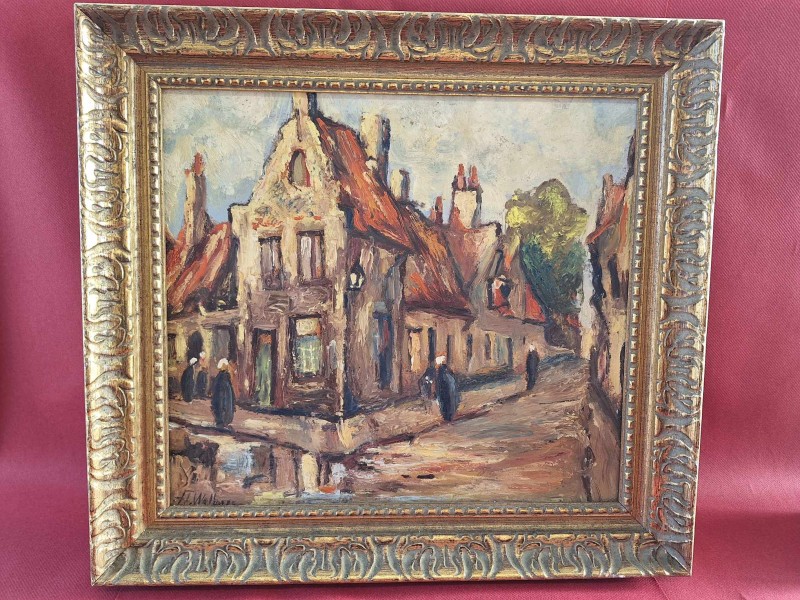 Oud schilderij van een begijnhof