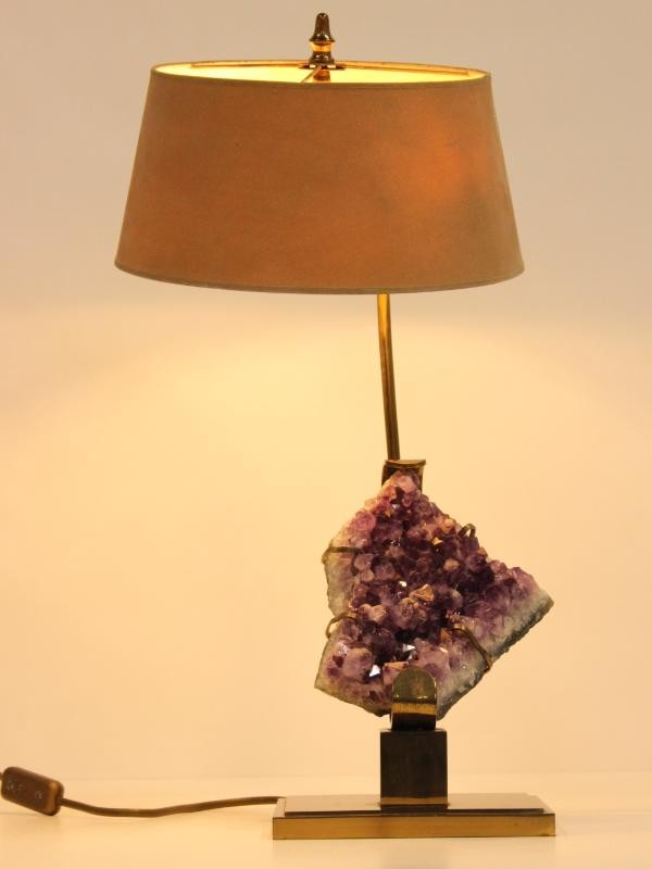 Knappe, vintage tafellamp gepolijst messing en grote amethist - jaren '70 - UPDATE