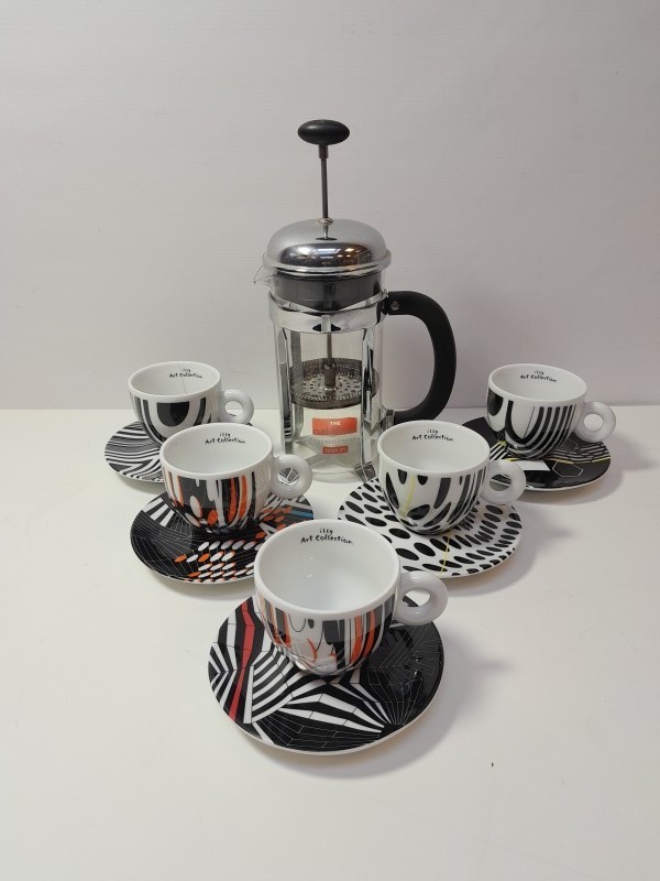 Koffieset: 5 tassen: Illy Art Collection + Bodum: Original French Press