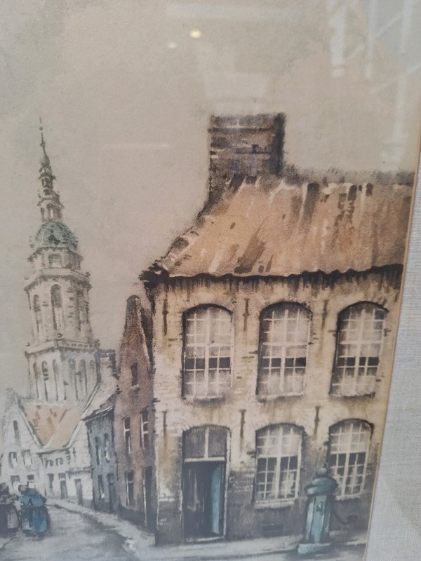 Lithografie van een Stadszicht door Roger Hebbelinck