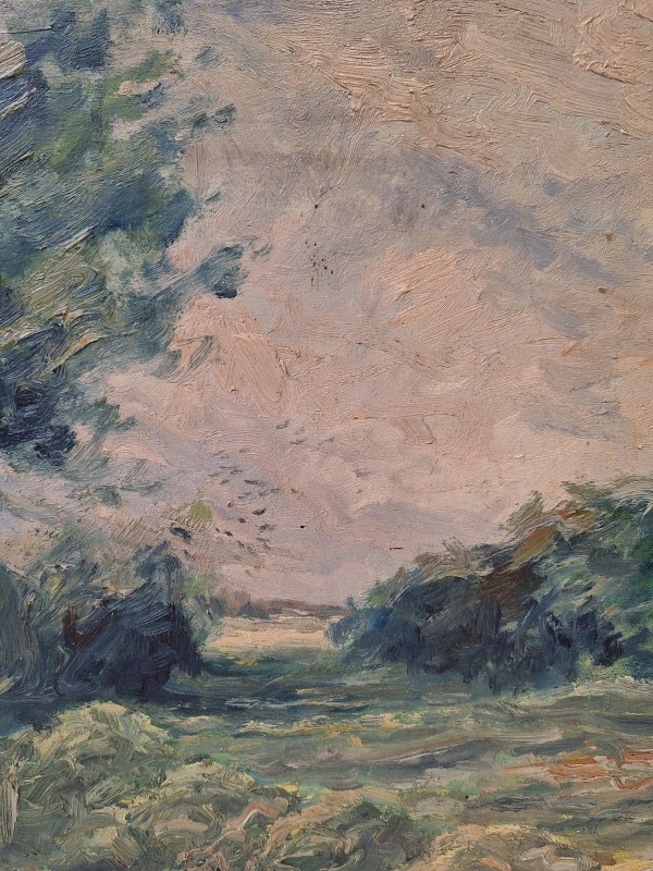 Impressionistisch schilderij van een plattelandzicht met boom: J.V.D. Abeele