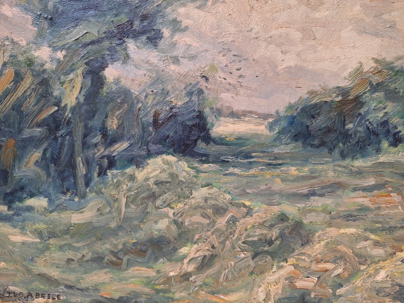 Impressionistisch schilderij van een plattelandzicht met boom: J.V.D. Abeele