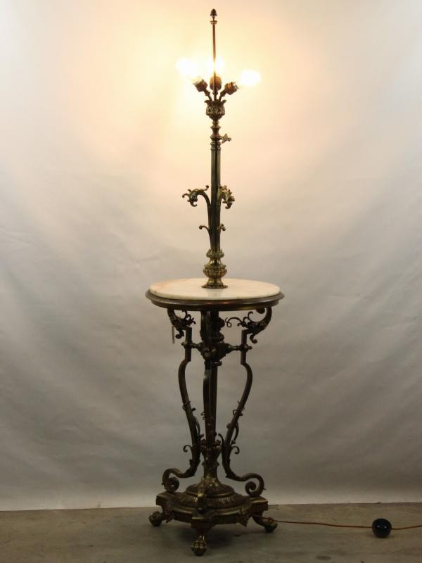 Antieke hoge staande lamp - koper en marmer