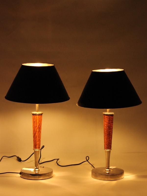 Duo identieke tafellampen - zilver en bruin leer