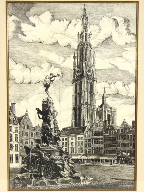 Gemengde techniek  'Brabo op de Antwerpse Grote Markt' - Schaderon