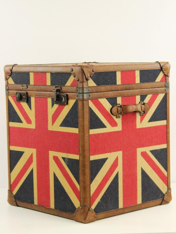 Union Jack, knap beklede, vintage opbergkist met lederen verstevigingen