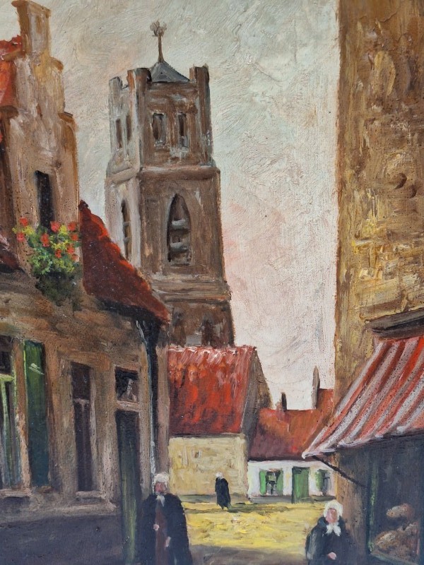 Olieverf schilderij van een begijnhof met een kerk op de achtergrond - W. Decan