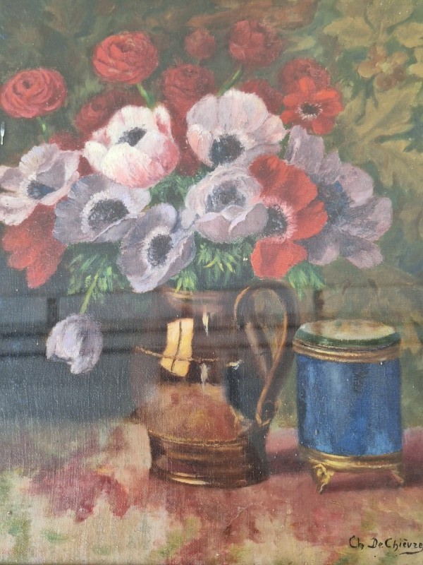 olieverf schilderij van een vaas met bloemen - Ch. De Chièvre