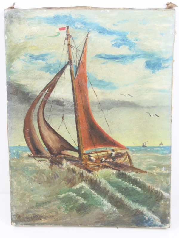 Oud olieverf schilderijtje op doek - Boot op zee - G. De Vriendt