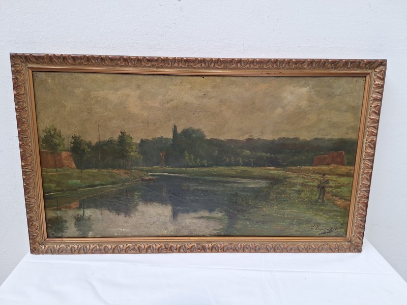 Olieverf schilderij van een rivierlandschap - Edouard Verschafelt (2)