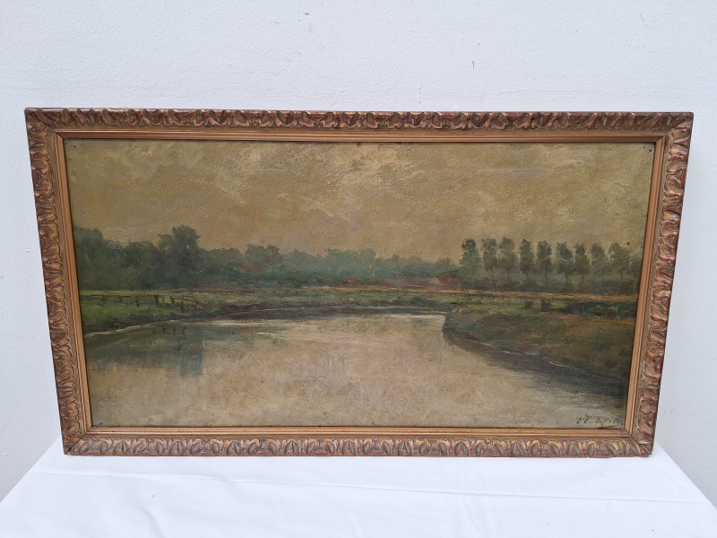 Olieverf schilderij van een rivierlandschap - Edouard Verschafelt (1)