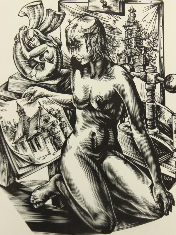 Houtgravure 'Naakte vrouw en zeemeermin' - Guido Mariman (1948)