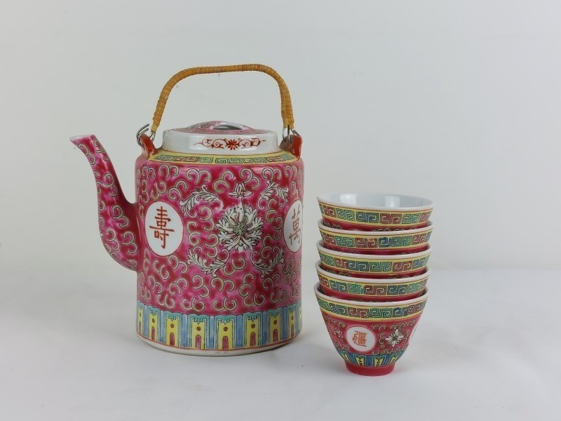 Chinoiserie Raspberry Mon Shou porseleinen theeset