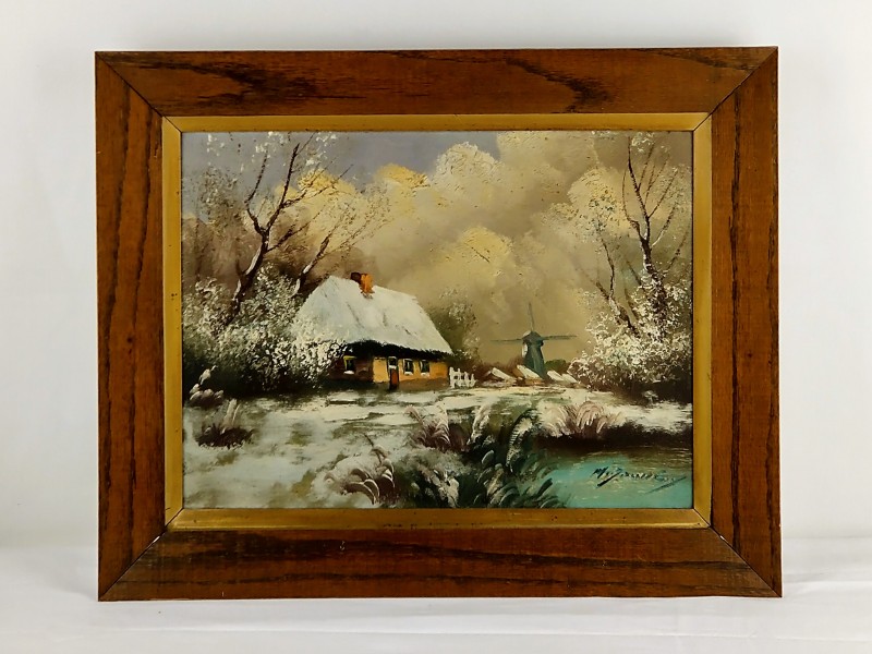 Schilderij getekend met winterlandschap