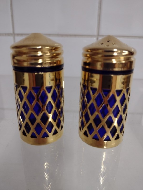 Vintage Magellan EP staal vergulde blauwe kobalt Cruet set