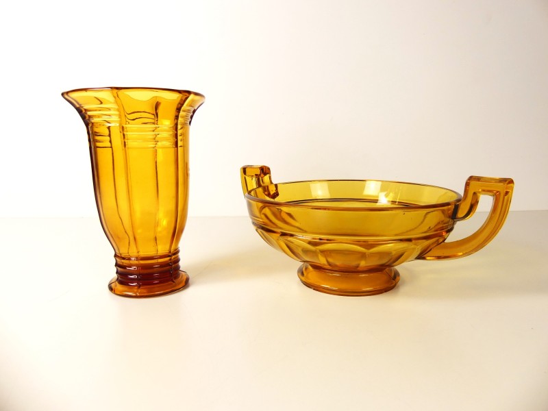 Antieke/vintage amberkleurig vaas en schaal - Art Deco