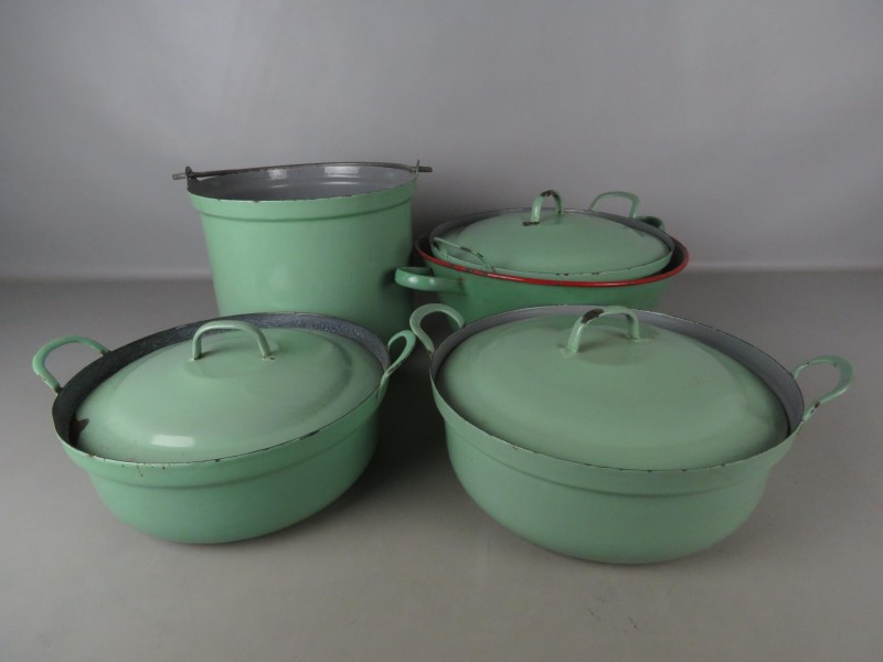 5 emaille groene grote kookpotten