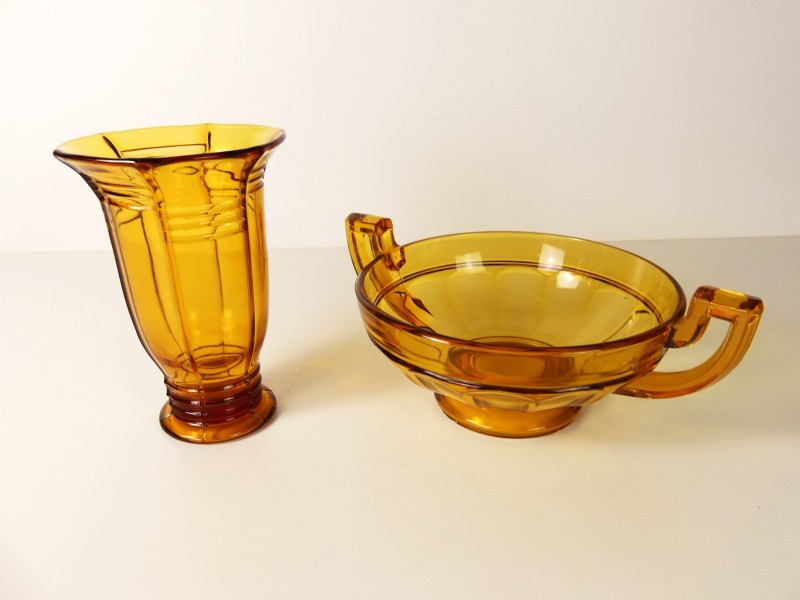 Antieke/vintage amberkleurig vaas en schaal - Art Deco