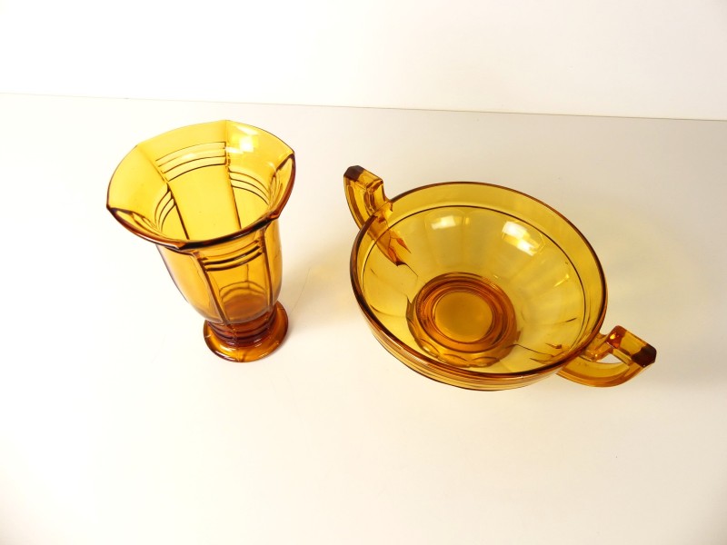 Antieke/vintage amberkleurig vaas en schaal - Art Deco