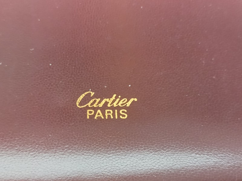 Vintage bordeaux Cartier schoudertas met portefeuille, chequehouder en visitekaarthouder