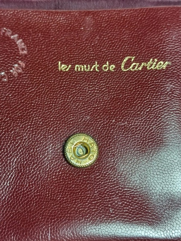 Vintage bordeaux Cartier schoudertas met portefeuille, chequehouder en visitekaarthouder