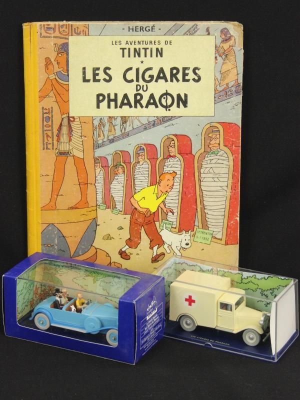 Les cigares du pharaon eerste druk hertekende kleuren editie 1955 + 2  miniatuurauto's Kuifje-editions atlas Moulinsart