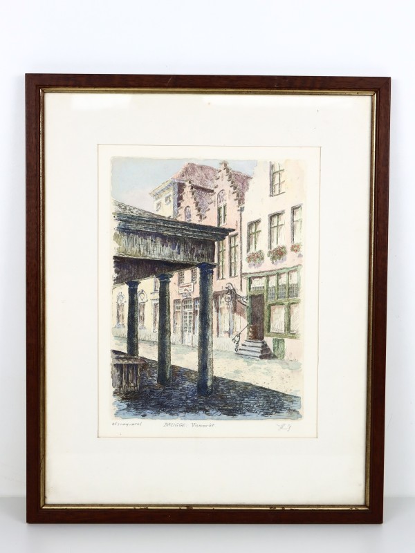 Ets en Aquarel Brugge Vismarkt