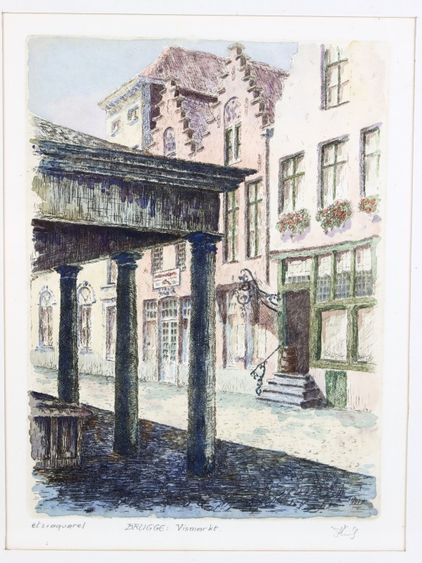 Ets en Aquarel Brugge Vismarkt